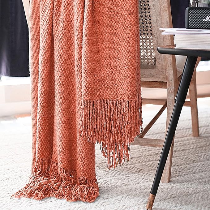 LOMAO Knitted Throw Blanket with Tassels Bubble Textured Lightweight Throws for Couch Cover Home Decor (Coral, 50x60)