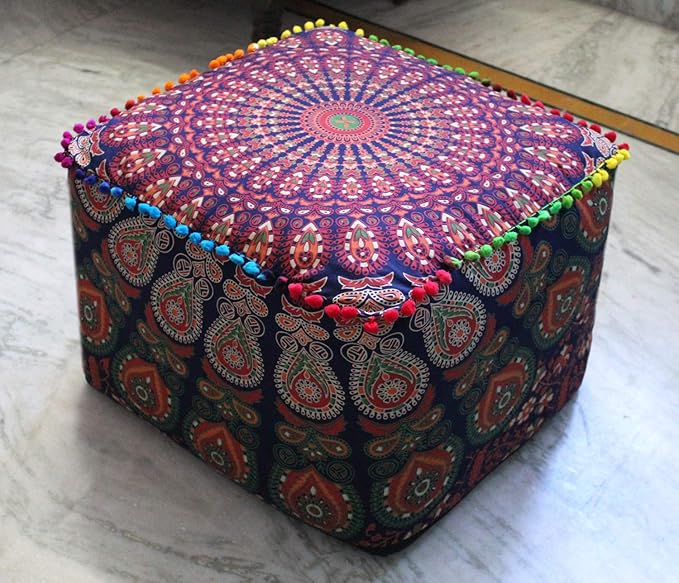 CRAFT KALA Large Hippie Mandala Meditation Floor Ottoman Pillow Cushion Pouf Cover Square Poufs Cover Bohemian Floor Cushion Case Outdoor Fireplace Living Room Decor 22X22X14 inches, Multi Mirchi