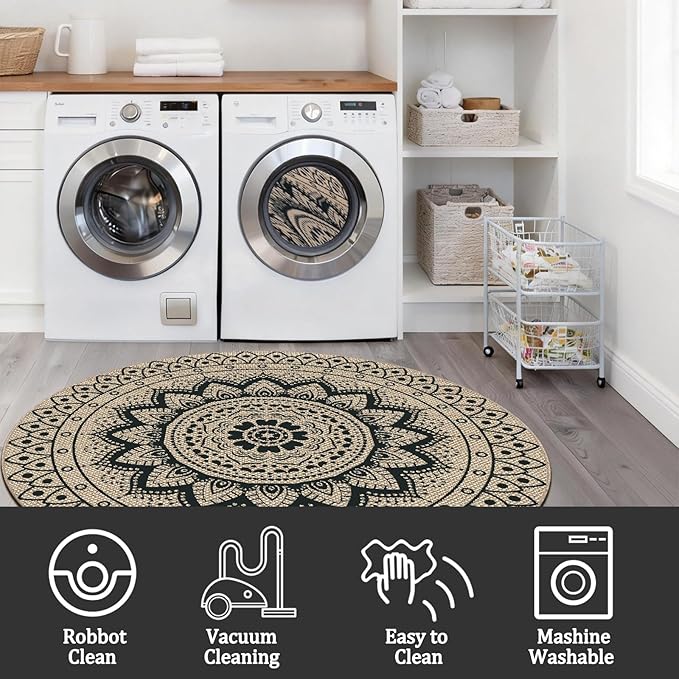 Outdoor Round Rug 6ft, Easy Jute Rug Washable Indoor Outdoor Patio Rug, Non Slip Round Area Rug Farmhouse Front Door Mat,Boho Lightweight Carpet for Backyard Patio Entry(Black, 6 Ft)