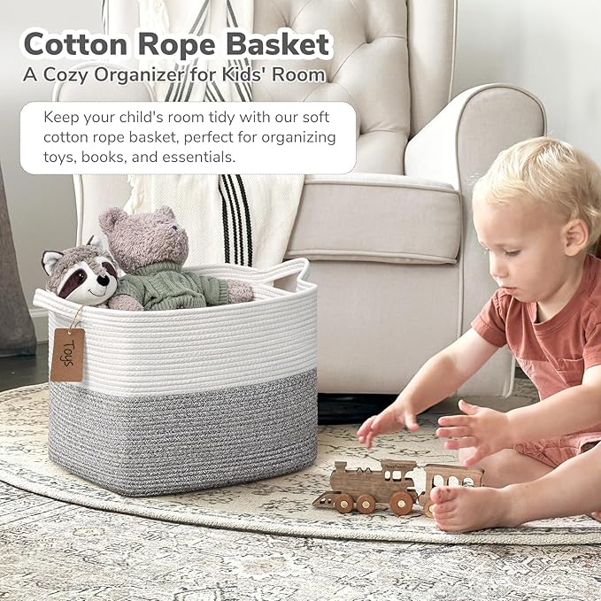 Goodpick Woven Storage Basket, Cotton Rope Baskets with Handles, Toy Baskets Storage Kids, Blanket Basket for Living Room, Bedroom, Gray and White, 18 x 14 x 12 Inches