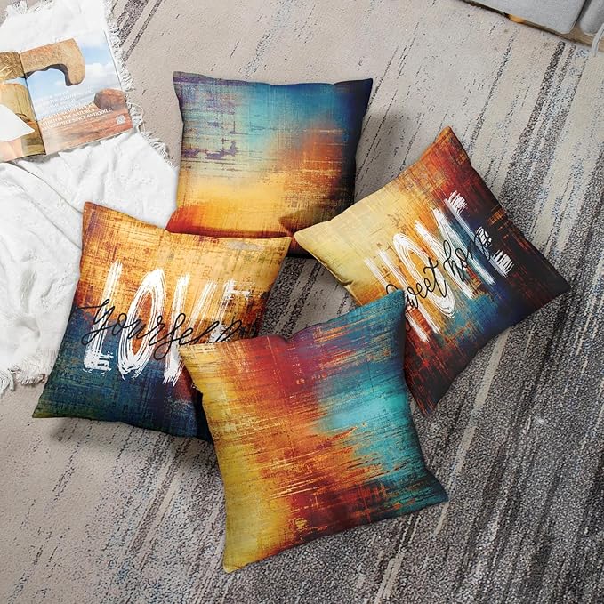 Emvency Set of 4 Blue and Orange Throw Pillow Covers Vintage Messy Rust Home Sweet Home Love Yourself Abstract Painting Outdoor Pillow Cases Decor Standard Square 20x20 Inches Pillowcases