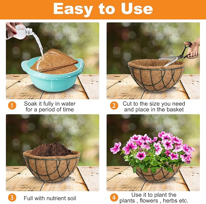 Riare 4 Pack 12 Inch Round Coco Liners Replacement, 100% Natural Coconut Coir Liners for Hanging Baskets, Garden Flower Vegetables Planter Pot, Window Box, Fence, Decks