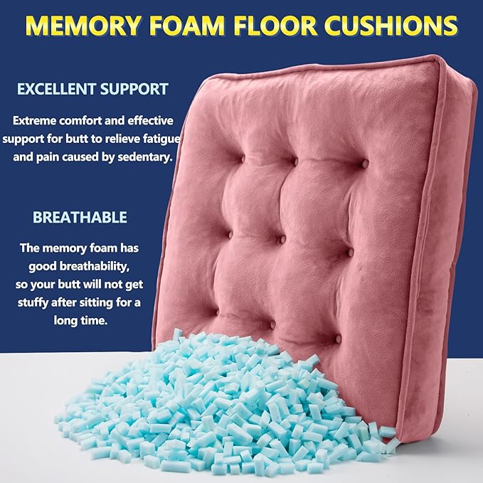 Floor Pillow Set of 2, Memory Foam Meditation Cushion, Floor Cushions for Adults Sitting, Large Square Seat Cushions for Yoga, Living Room, 20x20 Inch (Pink)