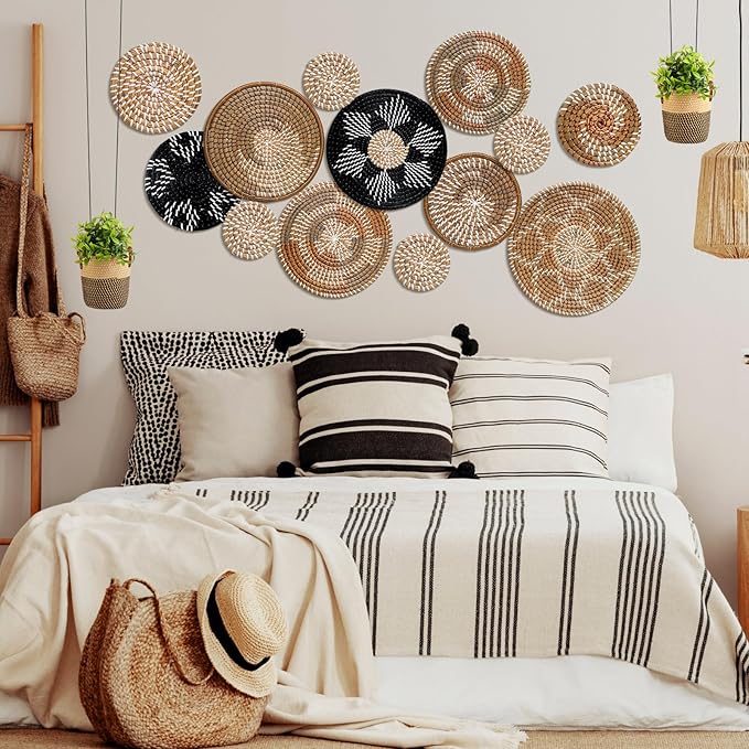 Xuhal 15 Pcs Boho Wall Basket Decor Handcrafted Seagrass Woven Wall Basket Rustic Round Woven Hanging Art for Home Farmhouse Kitchen Table Living Room (Dark Colors Style)