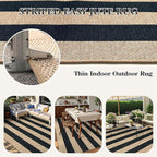 Lahome Elance Striped Easy Jute Dining Room Rug, 6x9 Indoor Outdoor Rugs for Patio Living Room, Farmhouse Neutral Non Slip Low Pile Black Carpet for Bedroom Office Backyard Classroom