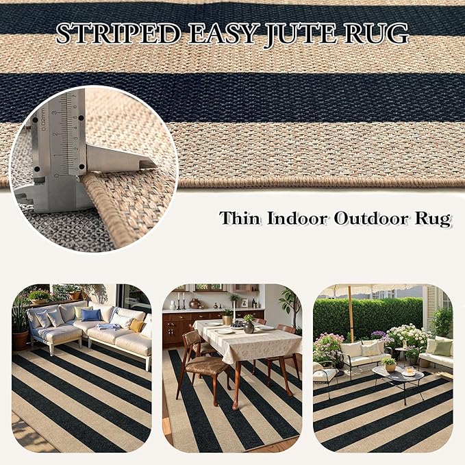 Lahome Elance Striped Easy Jute Dining Room Rug, 6x9 Indoor Outdoor Rugs for Patio Living Room, Farmhouse Neutral Non Slip Low Pile Black Carpet for Bedroom Office Backyard Classroom