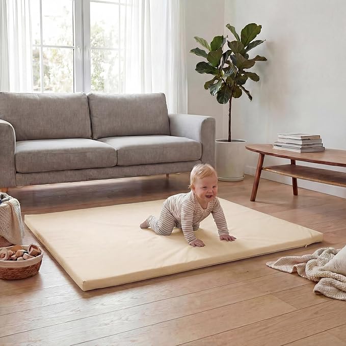 Baby Play Mat 50x50 Inches,1.3" Thick Padded Waterproof Floor Cushion & Playpen Mat with Vegan Leather,Non-Slip & Non-Toxic Nursery Rug for Infants, Toddlers & Kids(Beige)