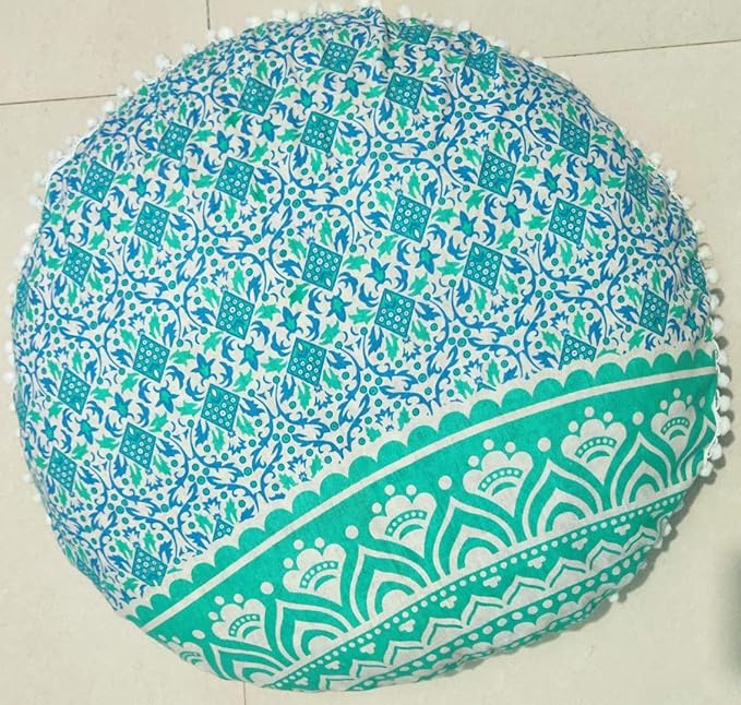 CRAFT KALA Mandala Floor Pillow Cushion Cover Seating Throw Cover Hippie Decorative Bohemian Ottoman Poufs Pom Pom Pillow Cases Boho Indian Cotton Living Room Home Décor 24" Round Set Of 2 Green Ombre