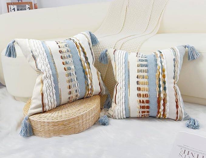 Boho Throw Pillow Covers 16x16 Aesthetic Neutral Boucle Couch Pillow Cover Rainbow Striped Decorative Accent Pillow Case for Couch Bed Sofa Farmhouse Bedroom,Modern Funky,Set of 2 Light Blue