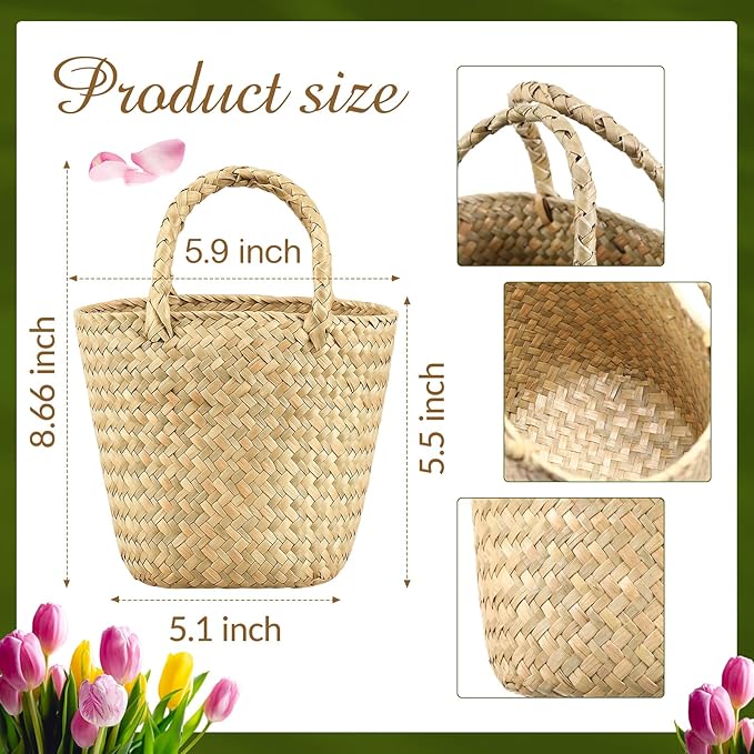LemonRoad 2 Pcs Flower Girl Basket for Wedding Small Rustic Seagrass Basket with Handle Boho Wedding Flower Storage Farmhouse Decor for Petals Confetti Sweets Gifts 5.12 x 5.51''d (Natural Color)