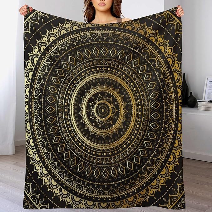 Black Gold Mandala Throw Blanket Boho Indian Hippie Vintage Abstract Bohemian Flower Blanket for Sofa Bed Couch Chair Or Dorm 30"x40"