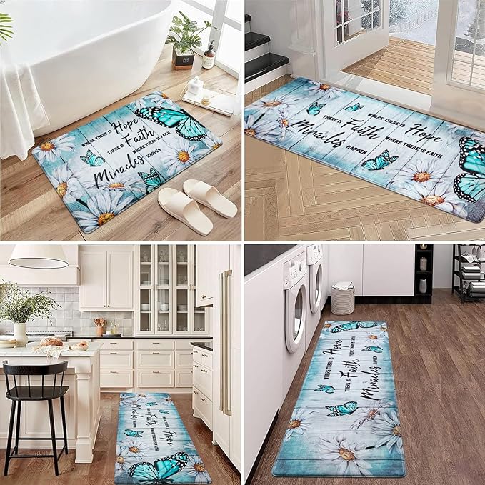 Likiyol Butterfly Floral Kitchen Mats for Farmhouse, Non Slip, Washable Anti Fatigue Mats - White Daisy Rugs, 18'' x 30'' + 18'' x 48'' + 18'' x 60''