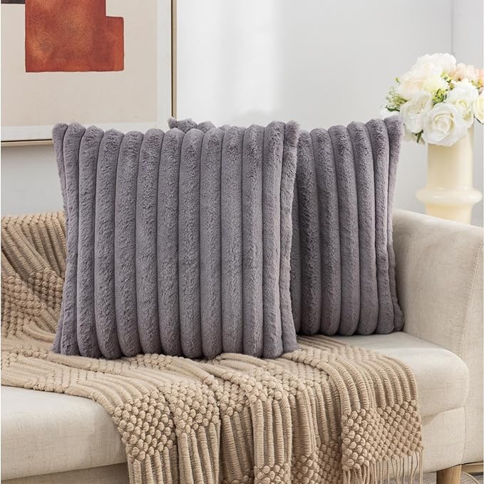 ZLINA Set of 2 Dark Grey Faux Fur Decorative Throw Pillow Covers Fluffy Striped Pillowcase Cushion Covers 22 x 22 Inch Decor Sofa Couch Bedroom