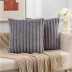 ZLINA Set of 2 Dark Grey Faux Fur Decorative Throw Pillow Covers Fluffy Striped Pillowcase Cushion Covers 24 x 24 Inch Decor Sofa Couch Bedroom