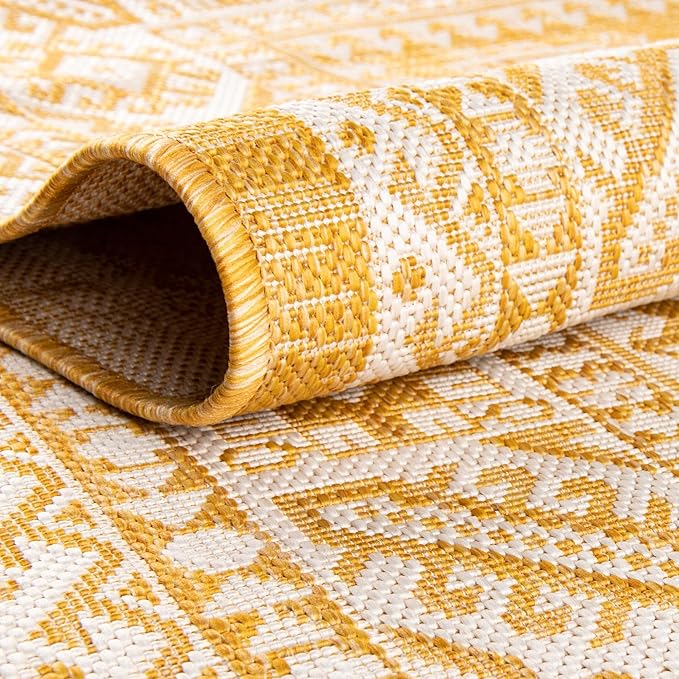Rugs.com Outdoor Aztec Collection Rug – 10' x 14' Yellow Flatweave Rug Perfect for Living Rooms, Large Dining Rooms, Open Floorplans