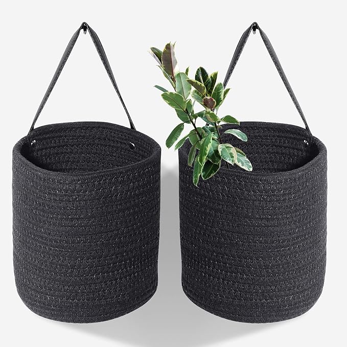 2pcs of Black Hemp Rope Hanging Basket-10.6" x 5.5" Hanging Woven Wall Basket Set with Leather Handles,Wall Mounted Woven Hanging Basket Storage,Shelf Basket Organizer for Plants