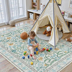 Lahome Sylvie Blue 5x7 Area Rugs for Living Room, Boho Floral Washable Girls Bedroom Rug, Soft Retro Non-Slip Kids Nursery Carpet for Playroom Apartment Decor