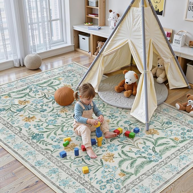 Lahome Sylvie Blue 5x7 Area Rugs for Living Room, Boho Floral Washable Girls Bedroom Rug, Soft Retro Non-Slip Kids Nursery Carpet for Playroom Apartment Decor