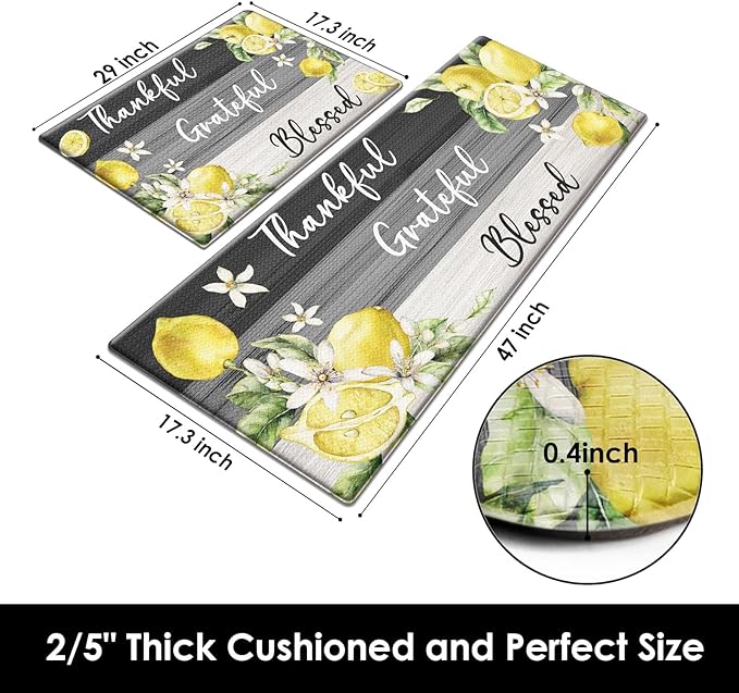 Arttown Yellow Lemon Anti-Fatigue Kitchen Rug Set of 2 Grey Black Farmhouse Vintage Wooden Cushioned Floor Standing Mat Waterproof Non-Slip Kitchen Mat and PVC Ergonomic Comfort Foam Rug