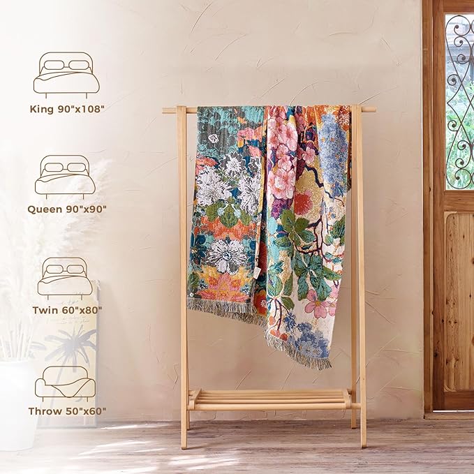 Boho Throw Blanket for Bed Cotton Spring Blankets for Bedroom Living Room All Season Lightweight Floral Embroidery Reversible Twin Quilt for Couch Sofa Chair 60"x80" Home Decor