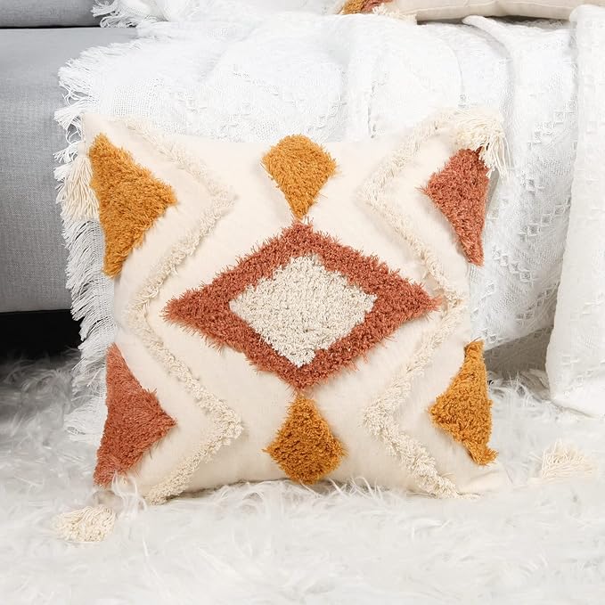 Merrycolor Boho Throw Pillow Covers 20x20 with Tassels, Decorative Pillow Covers Woven Tufted Bohemian Pillow Covers for Couch Sofa Bedroom Living Room