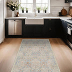 3x5 Washable Area Rug for Bedroom Beside Bed Mat, Large Kitchen, Entryway Rug Indoor - Ultra Soft Vintage Floral Beige Blue Decor Non-Slip Low Pile Stain Resistance