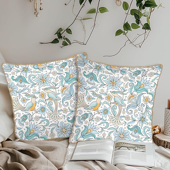 KSLIDS Vintage Floral Soft Velvet Throw Pillow Covers Set of 2 Blue Yellow Flower Birds Decorative Pillow Covers 20x20 Inch Chinoiserie Country Pillow Case for Sofa Couch Bedroom Farmhouse Home Decor