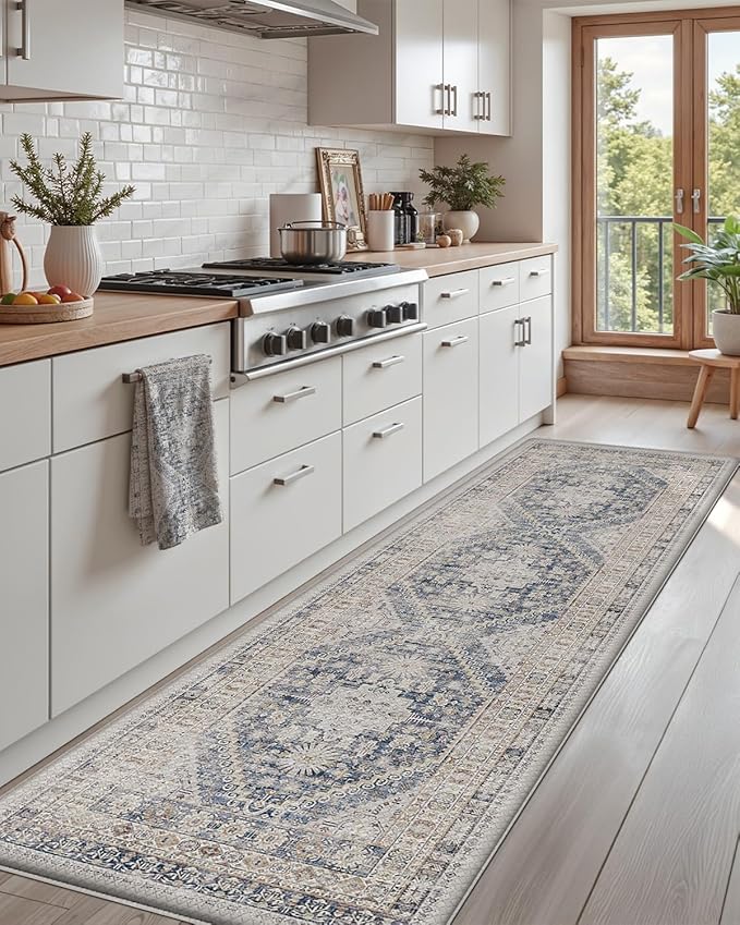 DEXI Kitchen Floor Mats Anti Fatigue, 23x59 Large Cushioned Vintage Runner Rug Waterproof, Standing Comfort Memory Foam Padded for Front Sink Laundry Office, White
