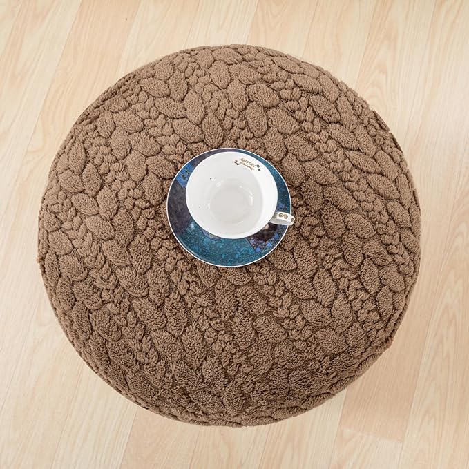 Unstuffed Ottoman Pouf Cover – Round Faux Fur Footstool Plush Floor Pouf (No Filler Included) Perfect for Living Room, Bedroom, or Office Lounge (Coffee, 26x26x18 in)