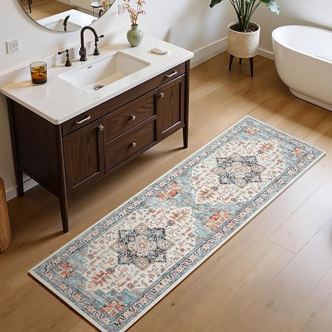 Lessymo Washable 2x6 Runner Rug for Hallway Entryway, Non Slip Kitchen Area Rugs Indoor Mat for Bedroom Bathroom Laundry Farmhouse, Soft Vintage Floor Carpet Stain Resistant Low Pile, Orange/Blue