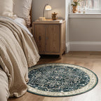 Dark Round Rugs 4ft for Entryway, Low Pile Thin Washable Small Circle Rug for Bedroom Living Room Non Slip, Tranditional Medallion Round Carpet for Kitchen Dining Room, Midnight/Multi
