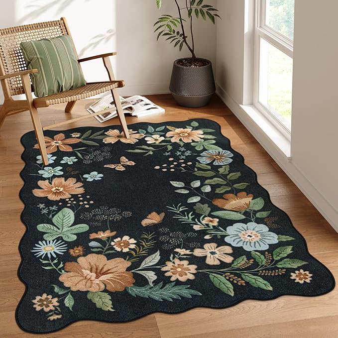 Lahome Floral Machine Washable Rug, 3x5 Rug Non Slip Soft Bedroom Rugs for Entryway Dorm, Ultra-Thin Boho Rugs for Living Room Stain Resistan Flore Carpet for Nursery Entrance, Black/Grey