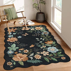 Lahome Floral Machine Washable Rug, 3x5 Rug Non Slip Soft Bedroom Rugs for Entryway Dorm, Ultra-Thin Boho Rugs for Living Room Stain Resistan Flore Carpet for Nursery Entrance, Black/Grey