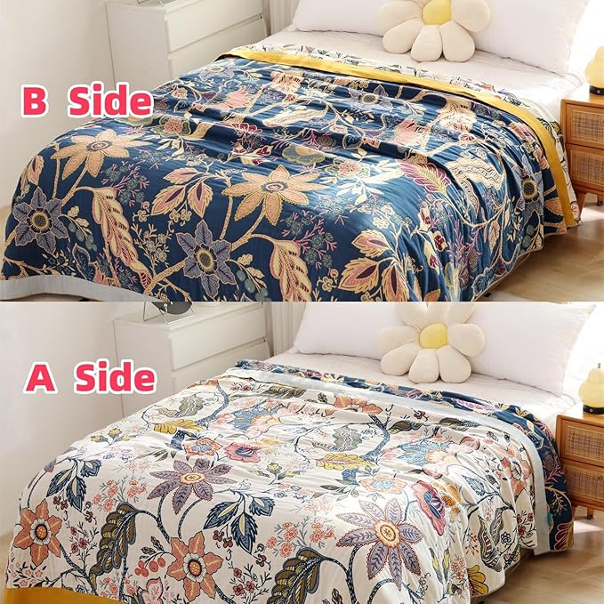 Boho Throw Blanket for Bed 100% Cotton Ultra Soft Rustic Quilt Fall Blanket Bird Floral Printed Farmhouse Decor Bed Blankets,80"×90" All Season Rustic Throw for Sofa Couch Chair