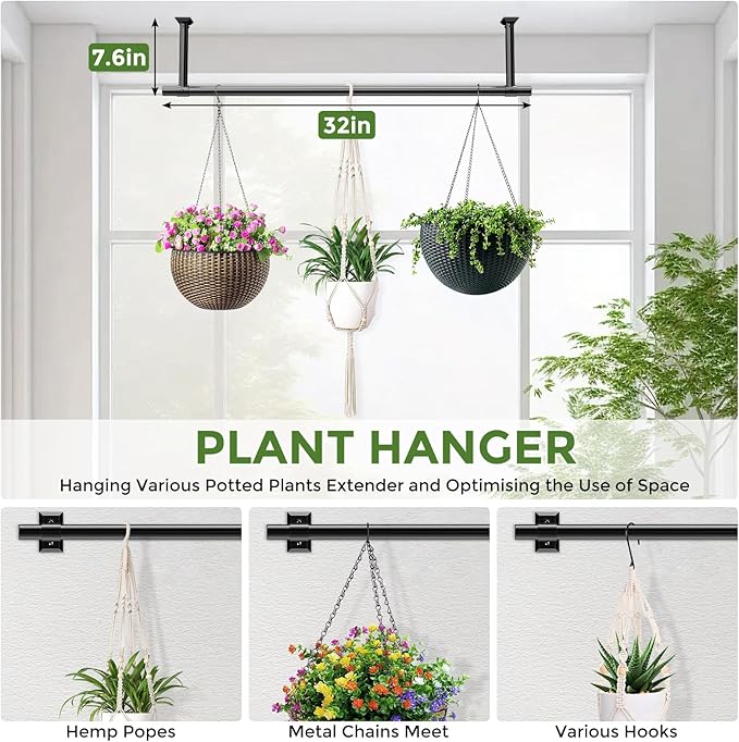 2 Pack Hanging Planters for Indoor Plants, 32 Inch Heavy Duty Plant Hanger Indoor, 1 Inch Diameter Metal Rod, Hanging Plant Holder for Window Wall, Matte Black, Square Flange Base, Pot Not Included