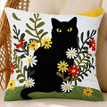 Embroidered Pillow Covers 18x18 Inch Set of 1, Black Cat and Floral Patterned Decorative Throw Pillow Covers Square Farmhouse Canvas Cushion Cases for Couch Sofa Bed Living Room Home Decor