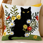 Embroidered Pillow Covers 18x18 Inch Set of 1, Black Cat and Floral Patterned Decorative Throw Pillow Covers Square Farmhouse Canvas Cushion Cases for Couch Sofa Bed Living Room Home Decor