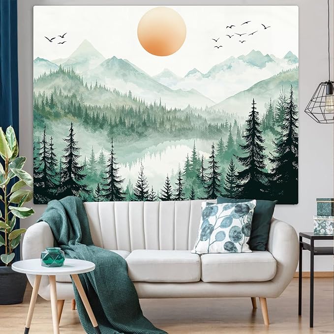 Accnicc Misty Forest Mountain Tapestry Sage Green Nature Pine Tree Wall Tapestry for Bedroom Aesthetic Watercolor Woods Lake Small Tapestries Wall Hanging for Living Room Dorm Decor 48 x 36 Inch