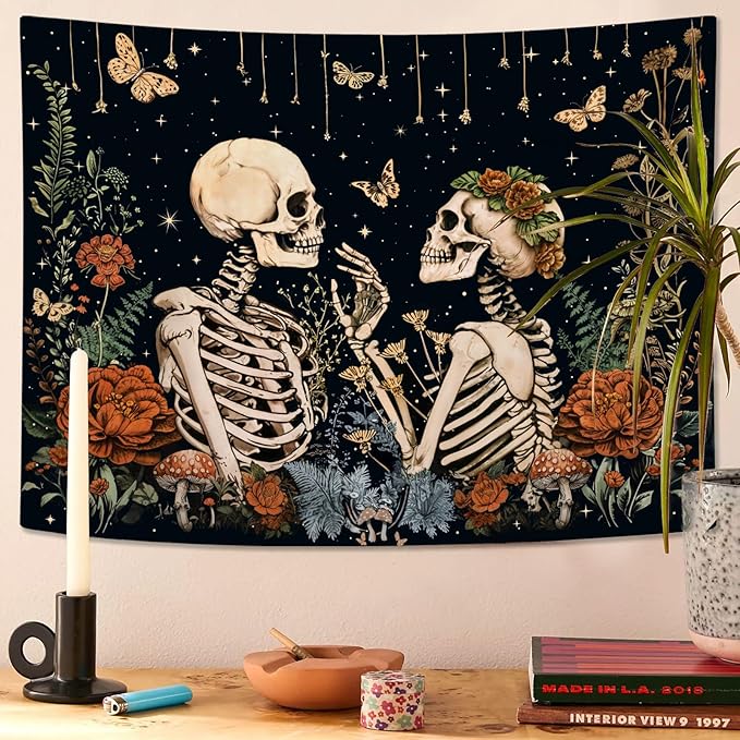 Wegklazax Floral Skeleton Lovers Tapestry Aesthetic Skull Gothic Tapestry for Bedroom The Lovers Wall Hanging for Bedroom Living Room Skull2 36×48 Inches