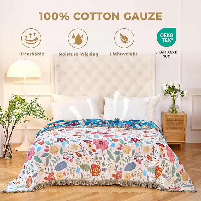 Boho Throw Blanket for Bed Cotton Spring Blankets Twin Size for Bedroom Living Room All Season Lightweight Floral Embroidery Quilt for Couch Sofa Chair 60"x80"