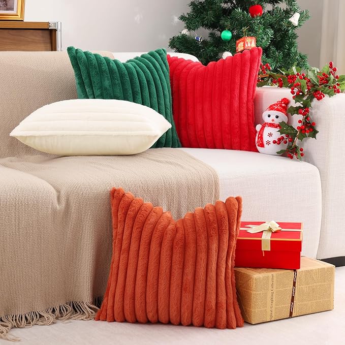Pallene Faux Fur Plush Christmas Throw Pillow Covers 20x20 Set of 2, Luxury Soft Fluffy Striped Decorative Pillow Covers for Sofa, Couch, Living Room, Red