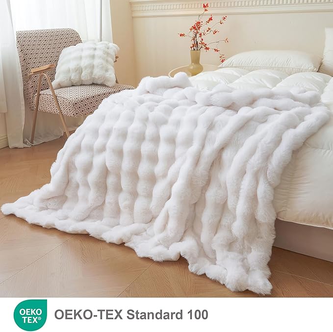 LIFEREVO Luxury Fluffy Faux Rabbit Fur Blanket, Plush Fuzzy Bubble Throw for Couch Sofa, Cozy Comfy Furry Bed Blanket Home Decoration, Aesthetic Shaggy Throw for Bedroom Living Room, 60x90, White