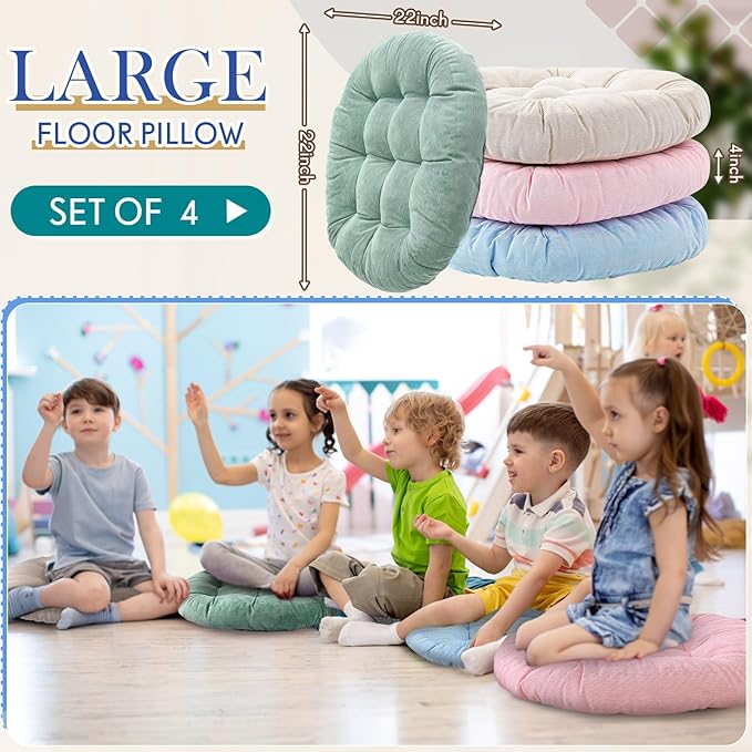 Jerify Floor Pillow Cushions Large Round Square Large Meditation Floor Pillow for Classroom Adult Meditation Picnic Party Seating Learning Daycare School(Round,Light Colors,4 Pcs)