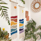 Boho Macrame Wall Hanging Decor Set, 2PCS Southwest Bohemian Handmade Woven Sun&Moon Mountain Geography Tapestry with Long Tassel, Gypsy Rainbow Ornament for Nursery Decoration Girl Christmas Gift