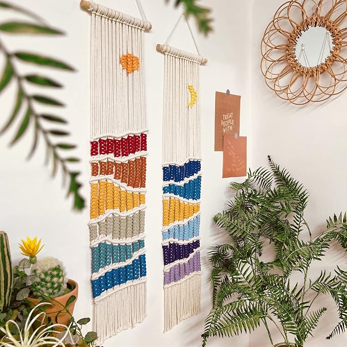 Boho Macrame Wall Hanging Decor Set, 2PCS Southwest Bohemian Handmade Woven Sun&Moon Mountain Geography Tapestry with Long Tassel, Gypsy Rainbow Ornament for Nursery Decoration Girl Christmas Gift