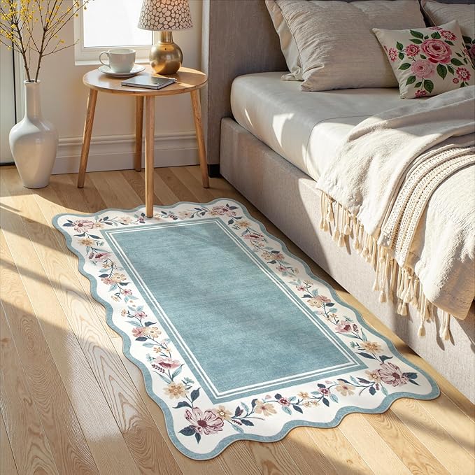 Lahome Floral 2x3 Blue Kitchen Rugs, Small Rugs for Entryway Non Slip Washable Rug Ultra-Thin Front Door Rug Indoor Entrance,Boho Stain Resistant Scalloped Throw for Bathroom Bedroom Ariele (Blue