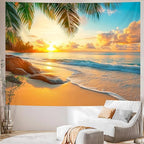 AOHMPT Ocean Tapestry, Beach Evening Sunset Tapestry, Natural Beach Palm Tree Landscape Tapestries Poster, Seaside Landscape Wall Hanging for Bedroom, Dorm Room and Living Room Wall Decor 79" L x 59" W