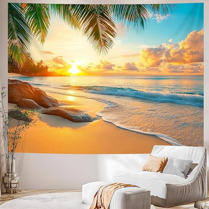 AOHMPT Ocean Tapestry, Beach Evening Sunset Tapestry, Natural Beach Palm Tree Landscape Tapestries Poster, Seaside Landscape Wall Hanging for Bedroom, Dorm Room and Living Room Wall Decor 79" L x 59" W