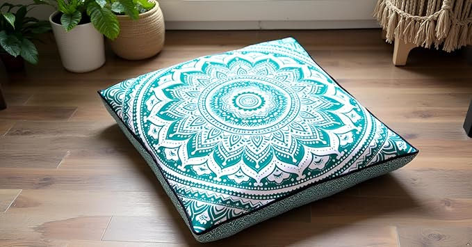 INDIAN CRAFT CASTLE ICC 24" Green Ombre Mandala Barmeri Large Floor Pillow Cover Cushion Meditation Seating Ottoman Throw Cover Hippie Decorative Zipped Bohemian Pouf Ottoman Pom Pom Cases 24" Square