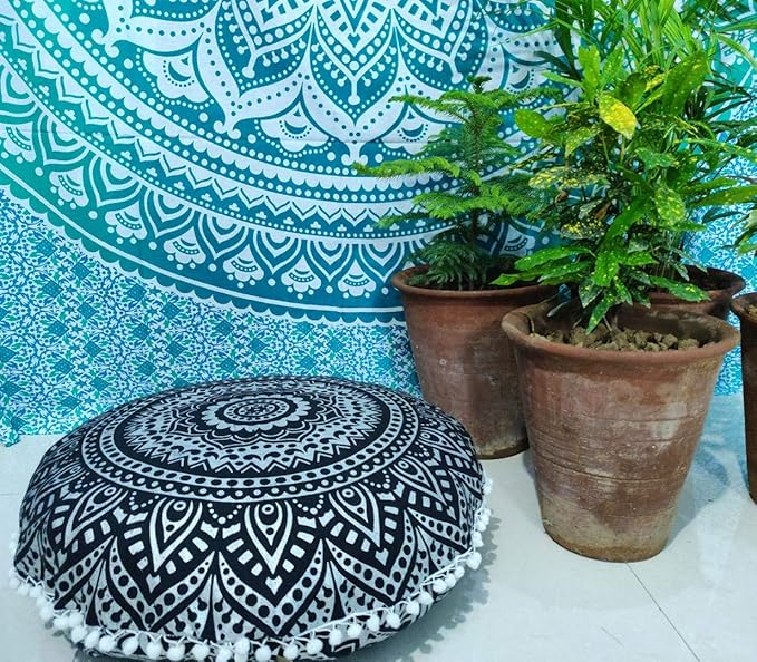 INDIAN CRAFT CASTLE 24" Black Silver Mandala Barmeri Large Floor Pillow Cover Cushion Meditation Seating Ottoman Throw Cover Hippie Decorative Zipped Bohemian Pouf Ottoman Pom Pom Cases 24" Round